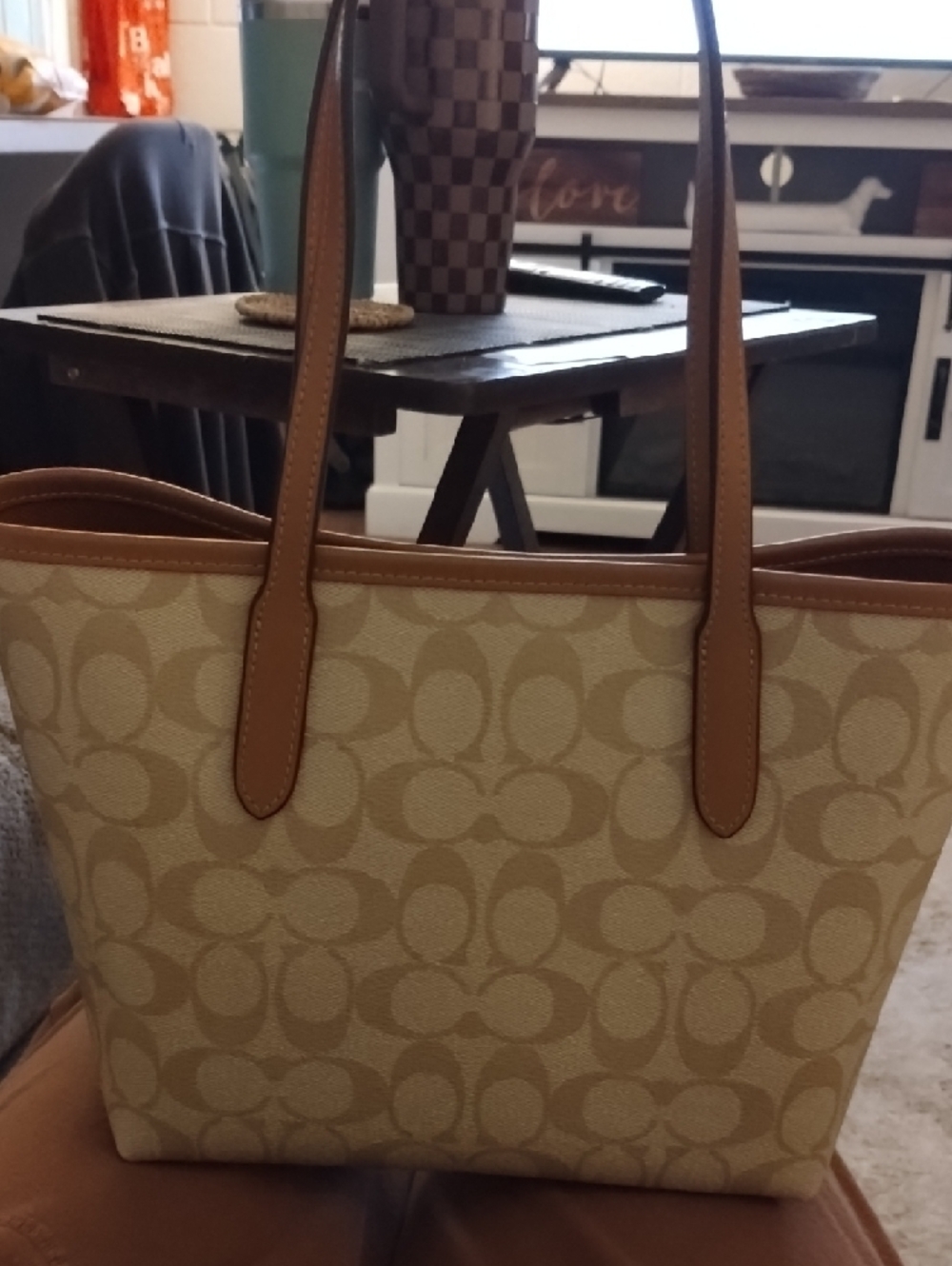 Coach City Tote Tan and Beige Signature Canvas Tote with Leather Trim - Picture 2 of 3